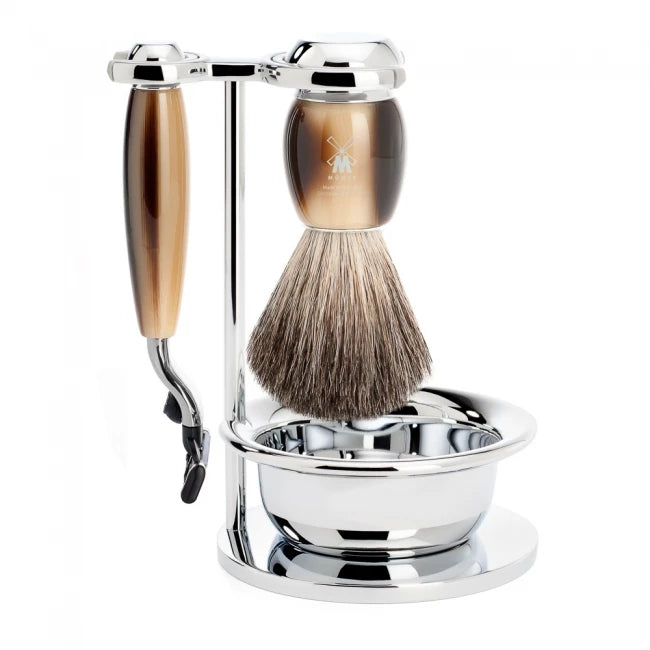 Mühle Shaving Barbersæt Med Mach3 Skraber  Barberkost  Holder Og Skål  Vivo  Brunt Horn