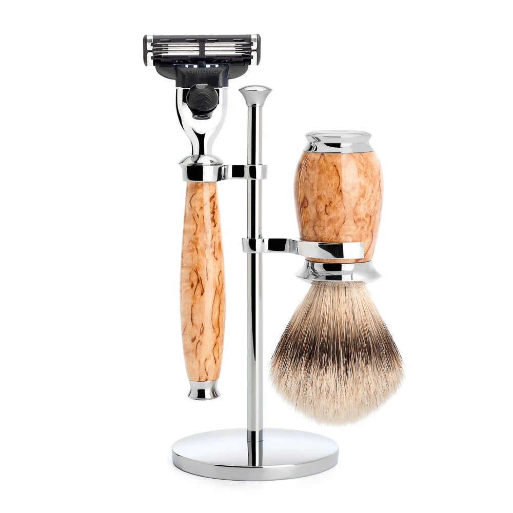 Mühle Shaving Barbersæt Med Mach3 Skraber  Barberkost Og Holder  Purist  Karelian Burl Birk