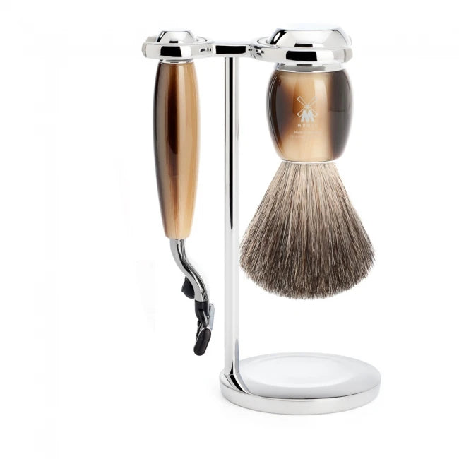 Mühle Shaving Barbersæt Med Mach3 Skraber  Barberkost Og Holder  Vivo  Brunt Horn