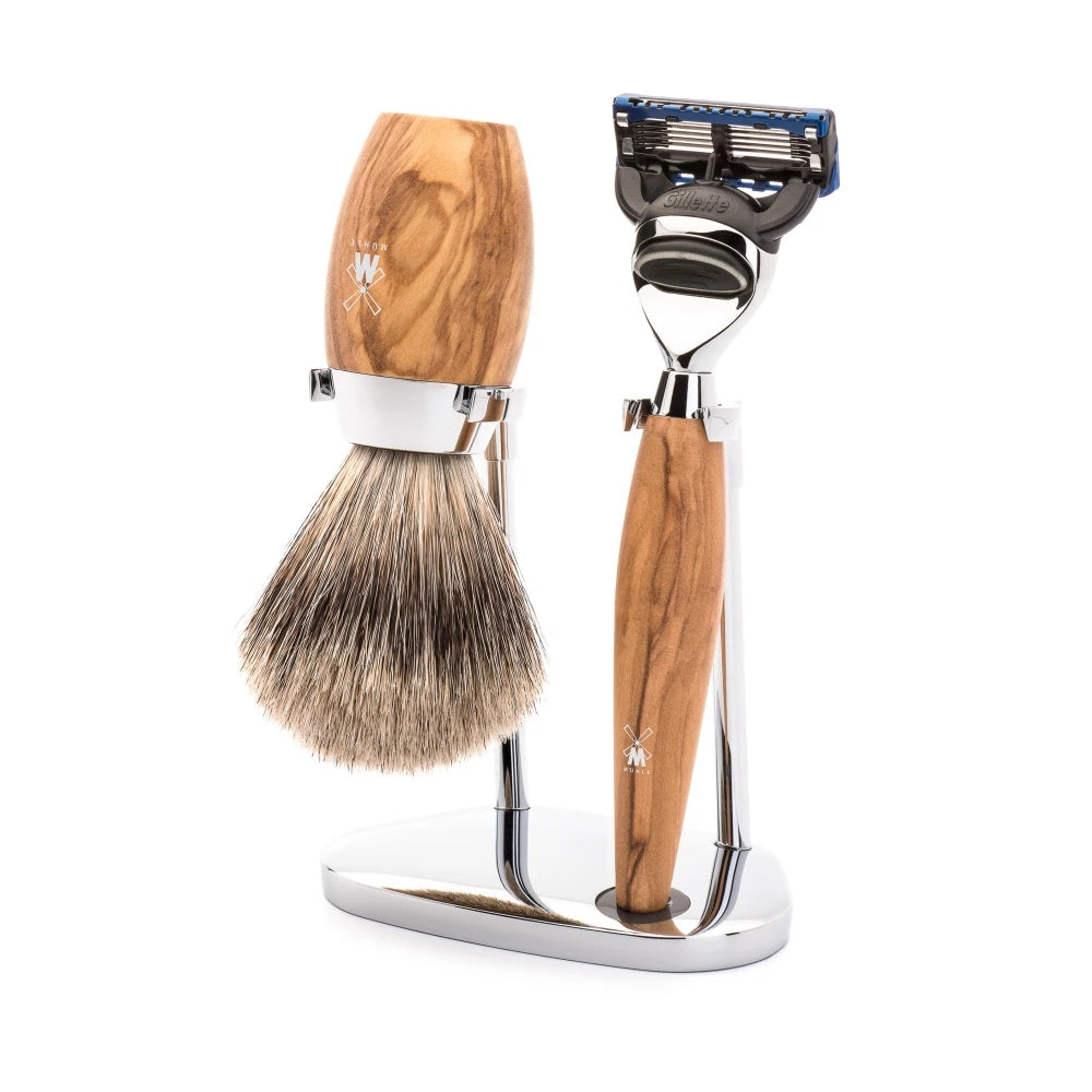 Mühle Shaving Barbersæt Med Skraber Fine Badger Barberkost Og Holder Kosmo Oliventræ