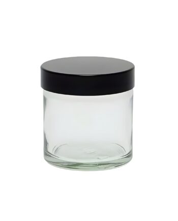 Glasbøtte 60 Ml Klar Med Sort Skruelåg Og Tætningspude Højde 55 Mm  Diameter 51 Mm Hedenhus Tæt Lukning Mod Lækage