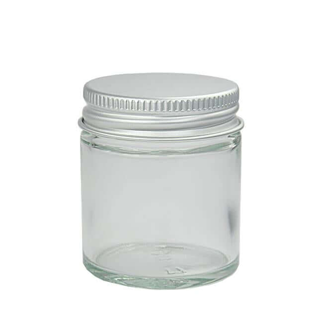 Glasbøtte 30 Ml Med Klar Glaskrukke Og Aluminiumslåg Hedenhus Skumpude Låg Tætsluttende 49 Mm Høj 40 Mm Diameter