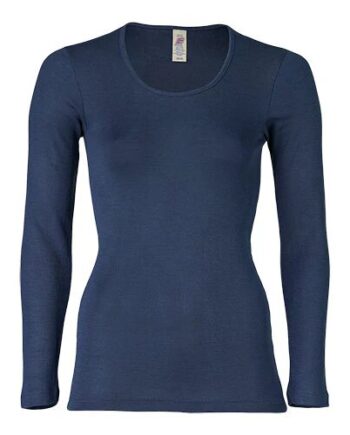 Langærmet Bluse  Uld Silke  Navy  Str  38 40