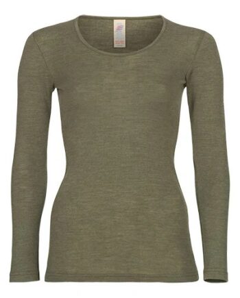 Langærmet Bluse  Uld Silke  Olive  Str  46 48