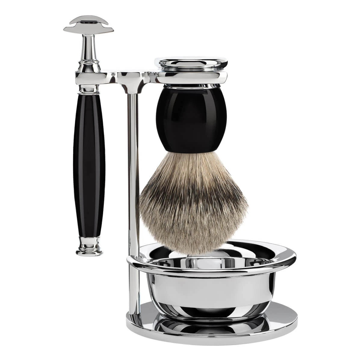 Mühle Shaving Barbersæt Med De-skraber  Silvertip Barberkost  Holder Og Skål  Sophist  Sort Kunstharpiks
