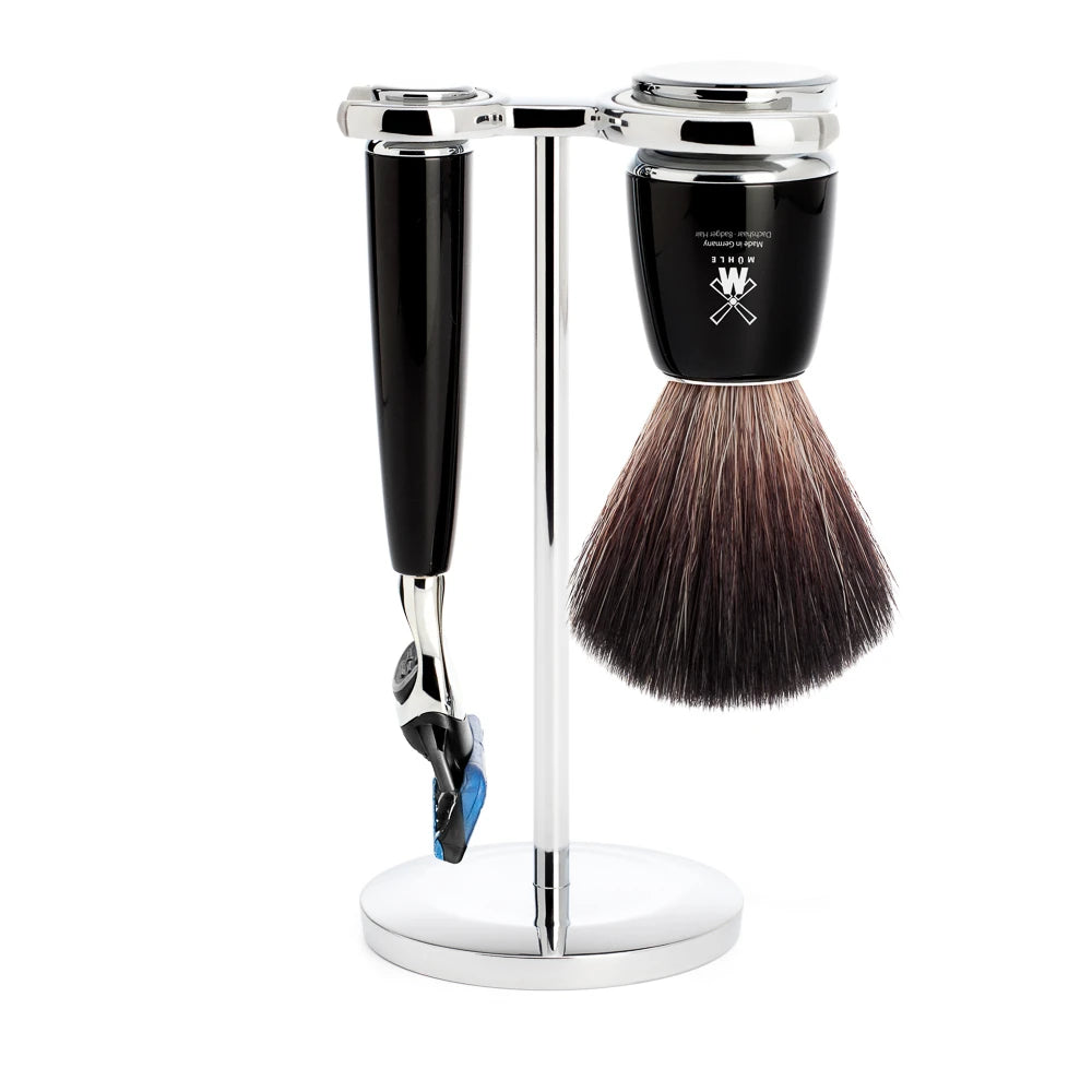 Mühle Shaving Barbersæt Med Fusion Skraber  Barberkost Og Holder  Rytmo  Sort Kunstharpiks