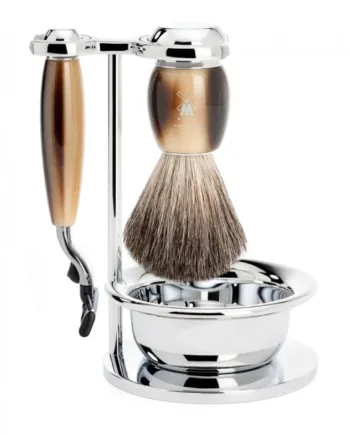 Mühle Shaving Barbersæt Med Mach3 Skraber  Barberkost  Holder Og Skål  Vivo  Brunt Horn