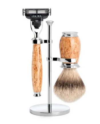 Mühle Shaving Barbersæt Med Mach3 Skraber  Barberkost Og Holder  Purist  Karelian Burl Birk