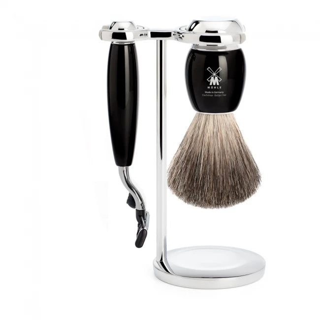 Mühle Shaving Barbersæt Med Mach3 Skraber  Barberkost Og Holder  Vivo  Sort Kunstharpiks