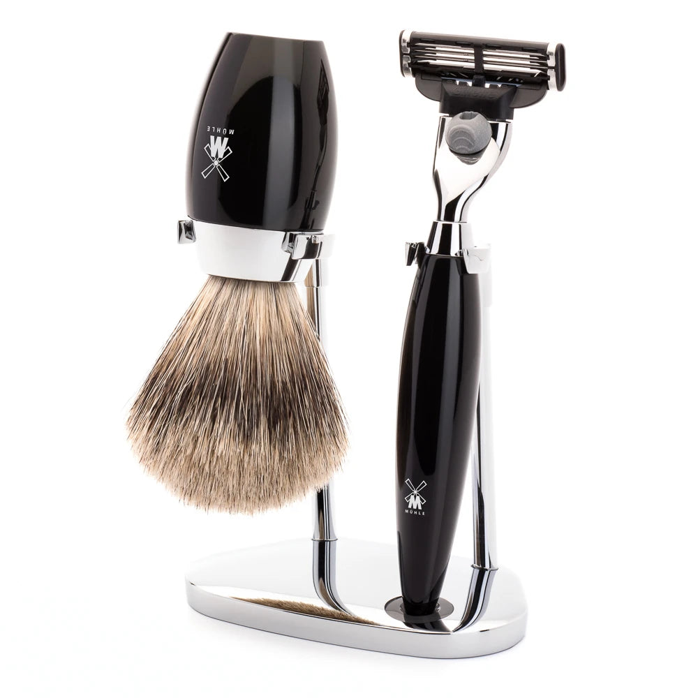 Mühle Shaving Barbersæt Med Mach3 Skraber  Fine Badger Barberkost Og Holder  Kosmo  Sort Kunstharpiks