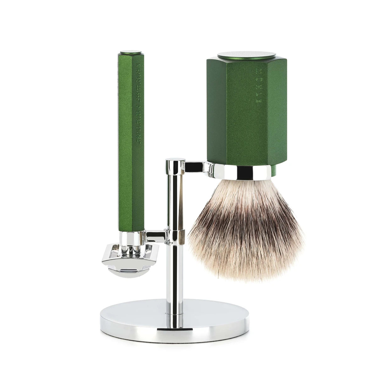 Mühle Shaving Mark Braun Barbersæt Med De-skraber  Barberkost Og Holder  Hexagon  Aluminium Forest