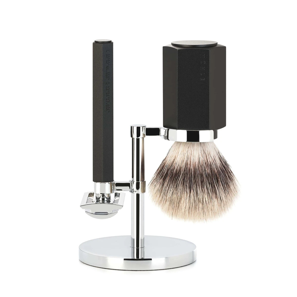 Mühle Shaving Mark Braun Barbersæt Med De-skraber  Barberkost Og Holder  Hexagon  Aluminium Graphite