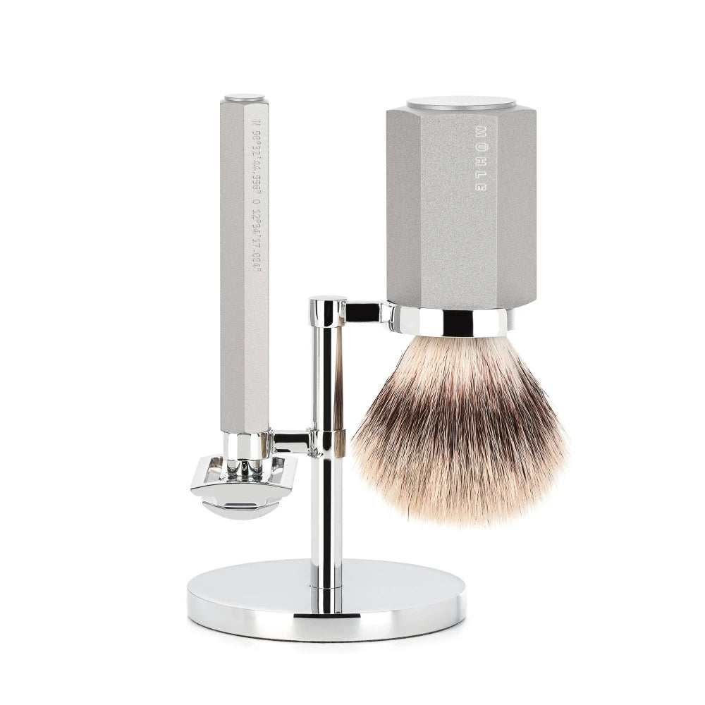 Mühle Shaving Mark Braun Barbersæt Med De-skraber  Barberkost Og Holder  Hexagon  Sølv Aluminum