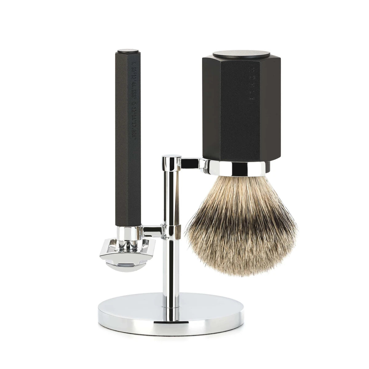 Mühle Shaving Mark Braun Barbersæt Med De-skraber  Silvertip Barberkost Og Holder  Hexagon  Aluminium Graphite