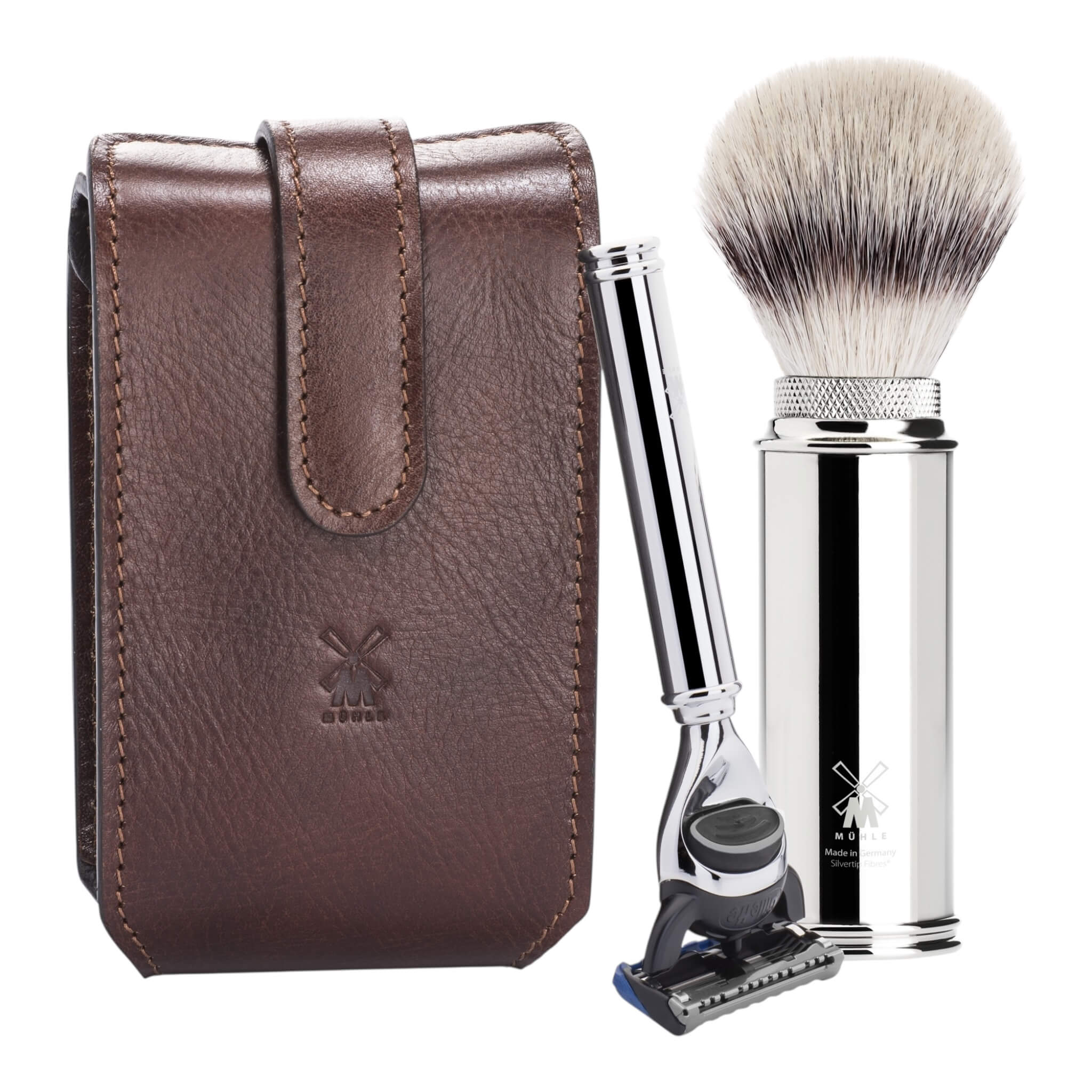 Mühle Shaving Rejsebarbersæt Med Skraber Og Børste  Brunt Læder