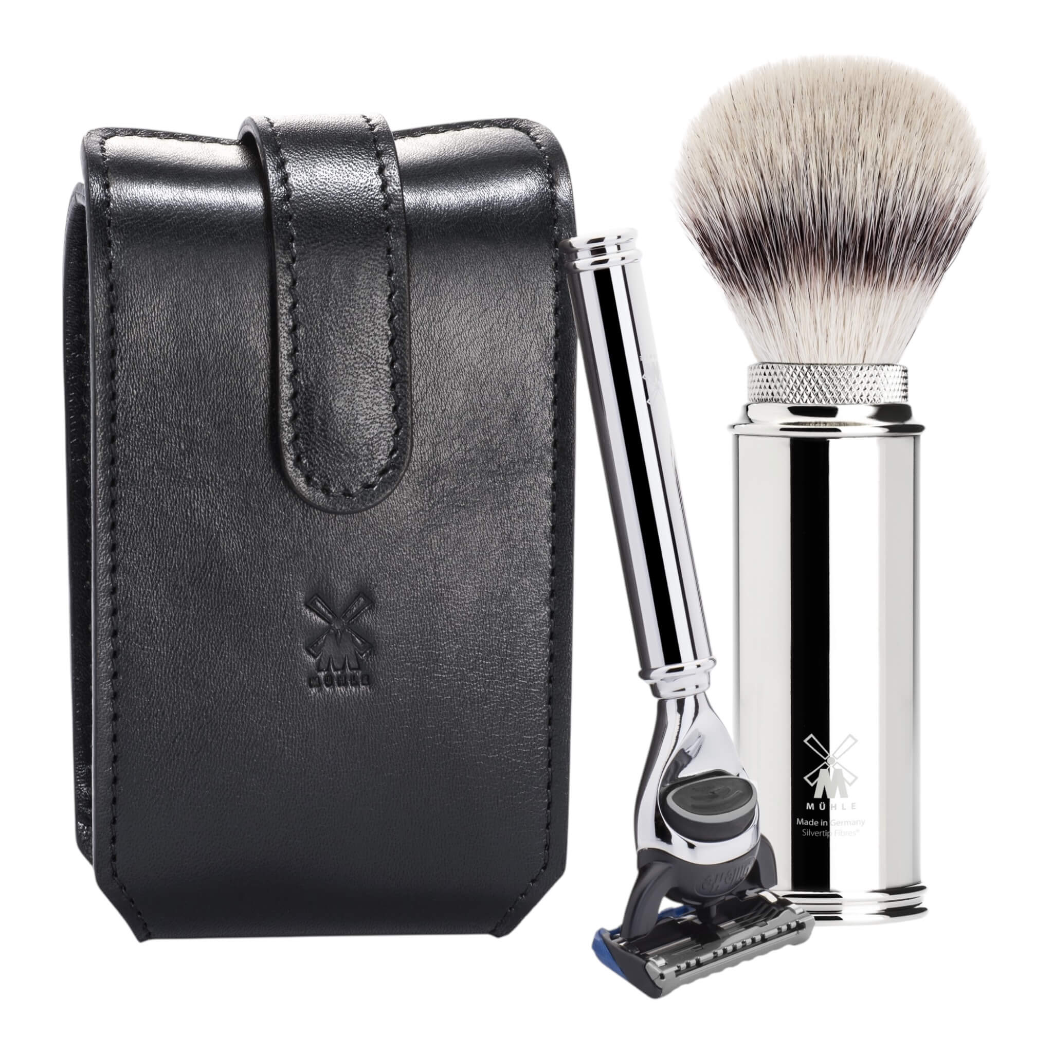 Mühle Shaving Rejsebarbersæt Med Skraber Og Børste  Sort Læder