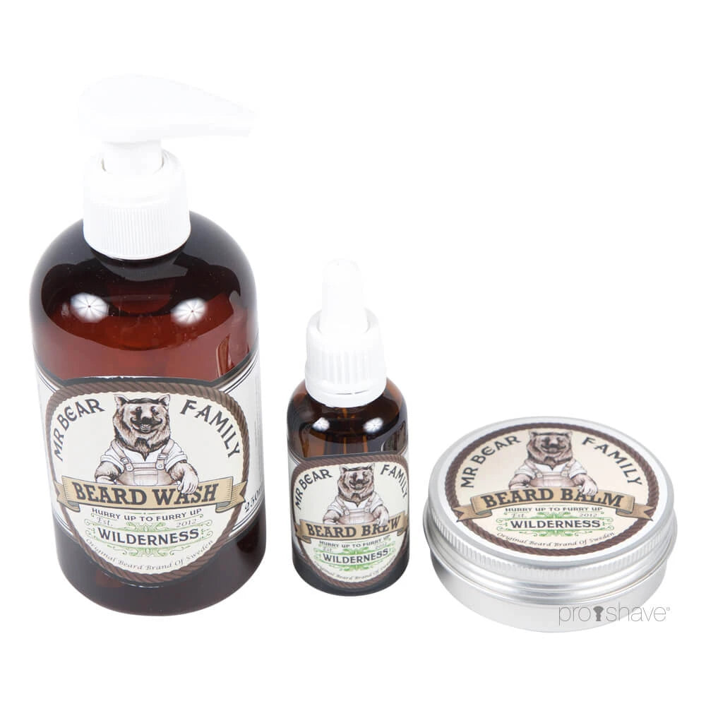 Mr Bear Wilderness Sæt Skægshampoo Skægolie Og Skægbalm
