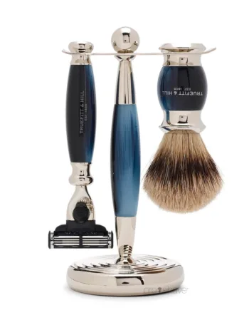 Truefitt   Hill Barbersæt Med Fusion Skraber  Grævlingebørste Og Holder  Edwardian  Faux Blue Opal