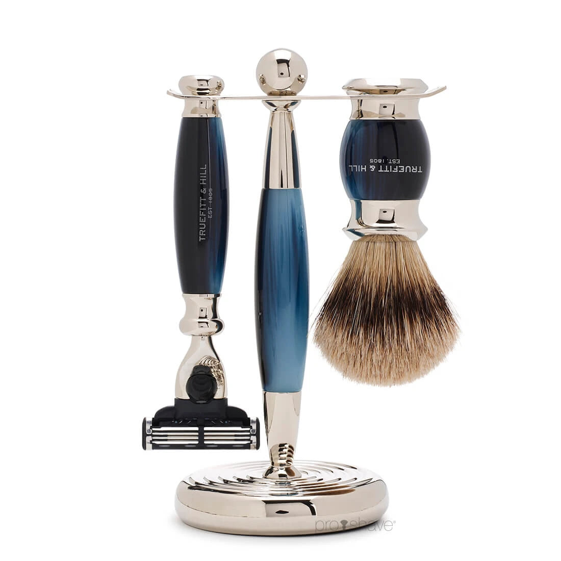 Truefitt Hill Barbersæt Med Fusion Skraber Grævlingebørste Og Holder Edwardian Faux Blue Opal