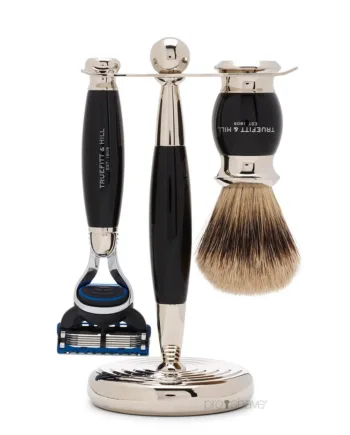 Truefitt   Hill Barbersæt Med Fusion Skraber  Grævlingebørste Og Holder  Edwardian  Faux Ebony