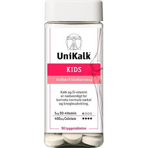 Unikalk Kids Jordbær Hindbær Tyggetablet 90 Tabletter