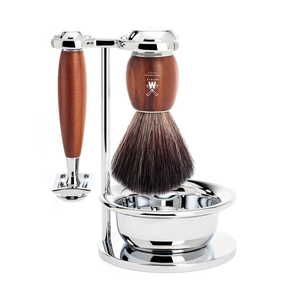 Mühle Shaving Barbersæt Med De-skraber Black Fibre Barberkost Holder Og Skål Vivo Blommetræ