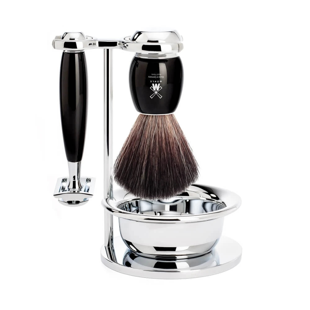Mühle Shaving Barbersæt Med De-skraber Black Fibre Barberkost Holder Og Skål Vivo Sort Kunstharpiks