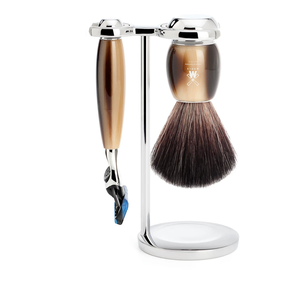 Mühle Shaving Barbersæt Med Fusion Skraber Barberkost Og Holder Vivo Brunt Horn