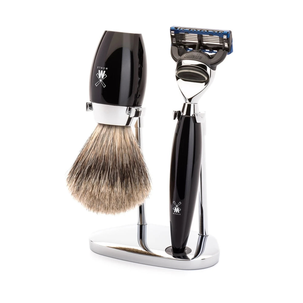 Mühle Shaving Barbersæt Med Fusion Skraber Fine Badger Barberkost Og Holder Kosmo Sort Kunstharpiks