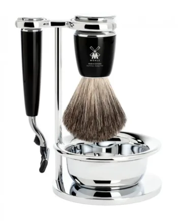 Mühle Shaving Barbersæt Med Mach3 Skraber  Barberkost  Holder Og Skål  Rytmo  Sort Kunstharpiks