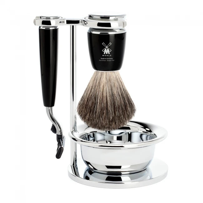 Mühle Shaving Barbersæt Med Mach3 Skraber Barberkost Holder Og Skål Rytmo Sort Kunstharpiks