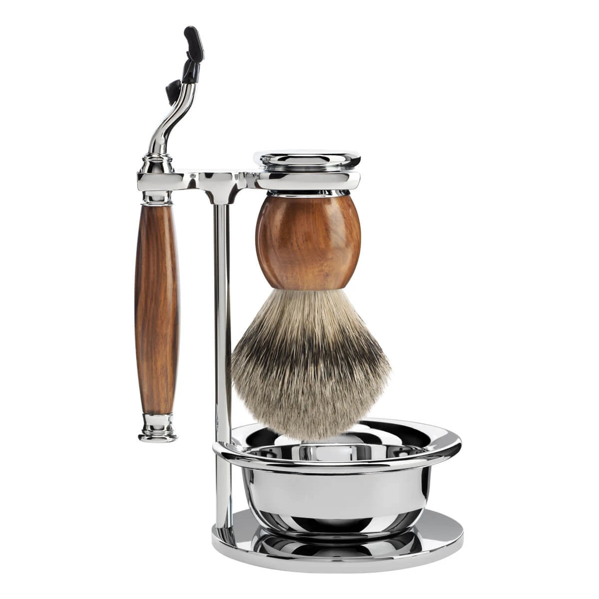 Mühle Shaving Barbersæt Med Mach3 Skraber Barberkost Holder Og Skål Sophist Ironwood