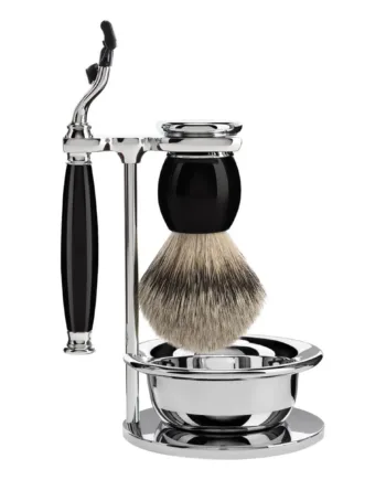 Mühle Shaving Barbersæt Med Mach3 Skraber  Barberkost  Holder Og Skål  Sophist  Sort Kunstharpiks