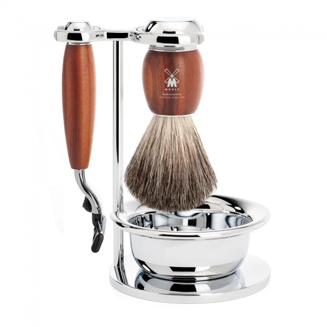 Mühle Shaving Barbersæt Med Mach3 Skraber Barberkost Holder Og Skål Vivo Blommetræ