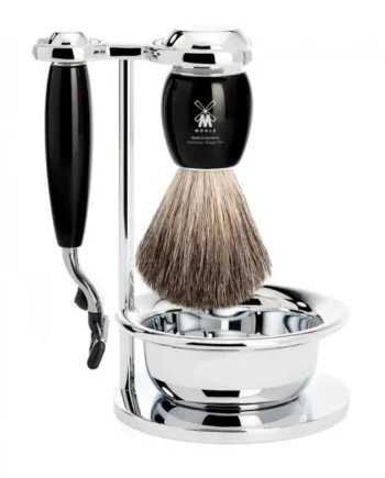 Mühle Shaving Barbersæt Med Mach3 Skraber  Barberkost  Holder Og Skål  Vivo  Sort Kunstharpiks