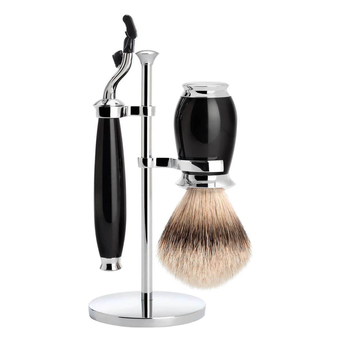Mühle Shaving Barbersæt Med Mach3 Skraber Barberkost Og Holder Purist Sort Kunstharpiks