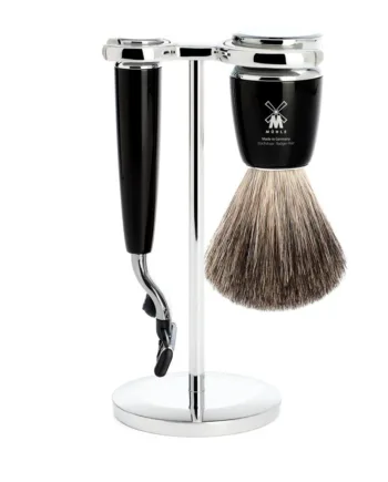 Mühle Shaving Barbersæt Med Mach3 Skraber  Barberkost Og Holder  Rytmo  Sort Kunstharpiks