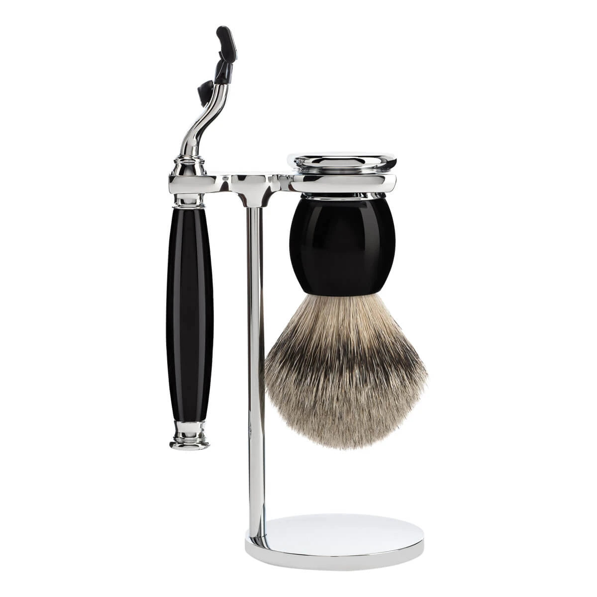 Mühle Shaving Barbersæt Med Mach3 Skraber Barberkost Og Holder Sophist Sort Kunstharpiks
