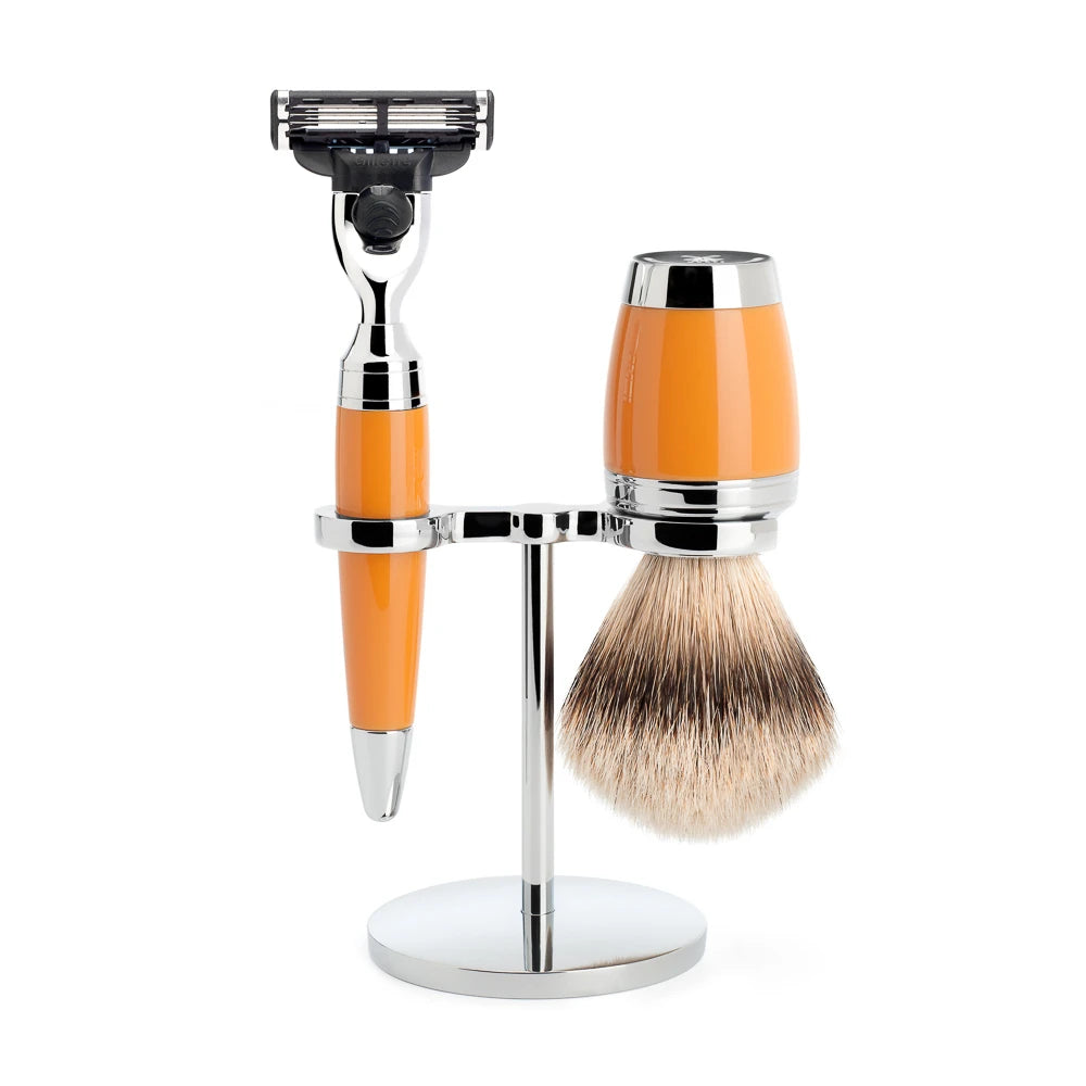 Mühle Shaving Barbersæt Med Mach3 Skraber Barberkost Og Holder Stylo Butterscotch