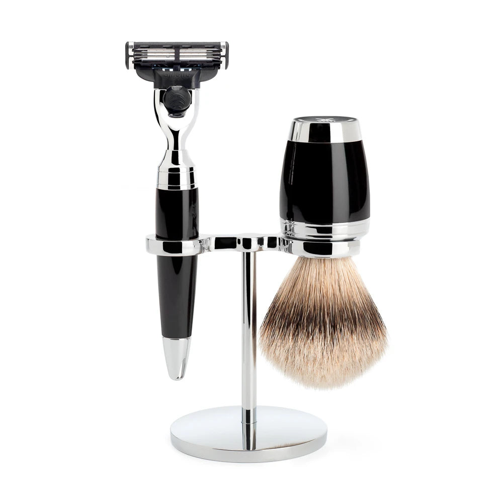 Mühle Shaving Barbersæt Med Mach3 Skraber Barberkost Og Holder Stylo Sort Kunstharpiks