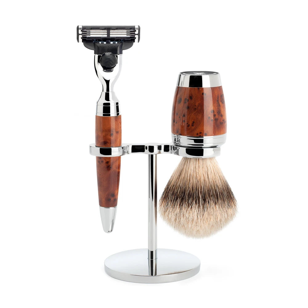 Mühle Shaving Barbersæt Med Mach3 Skraber Barberkost Og Holder Stylo Thuja Wood