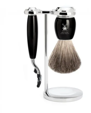 Mühle Shaving Barbersæt Med Mach3 Skraber  Barberkost Og Holder  Vivo  Sort Kunstharpiks