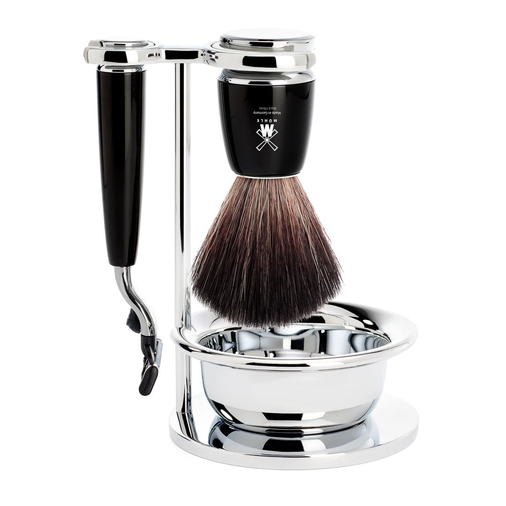 Mühle Shaving Barbersæt Med Mach3 Skraber Børste Holder Og Skål Rytmo Sort Kunstharpiks