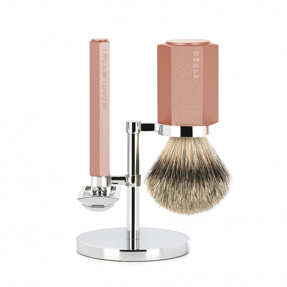 Mühle Shaving Mark Braun Barbersæt Med De-skraber Silvertip Barberkost Og Holder Hexagon Aluminium Sunrise