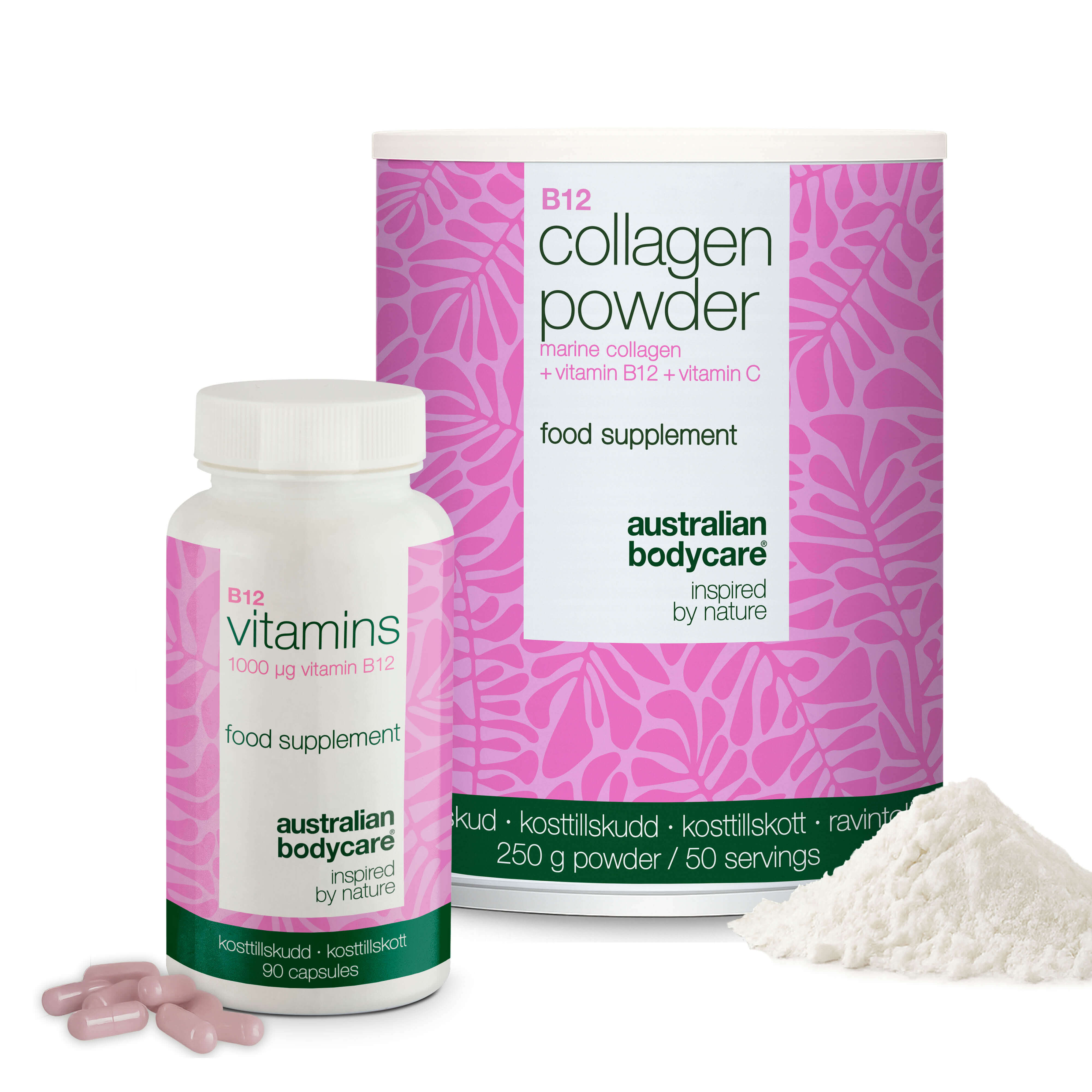 Kollagen   Vitamin B12 Bundle   250   Kollagenpulver   90 B12 Kapsler    Daglig Rutine Med Marint Kollagen   -vitamin Til Normal Kollagendannelse   Huden Og Højdosis Vitamin B12  1000 âµg