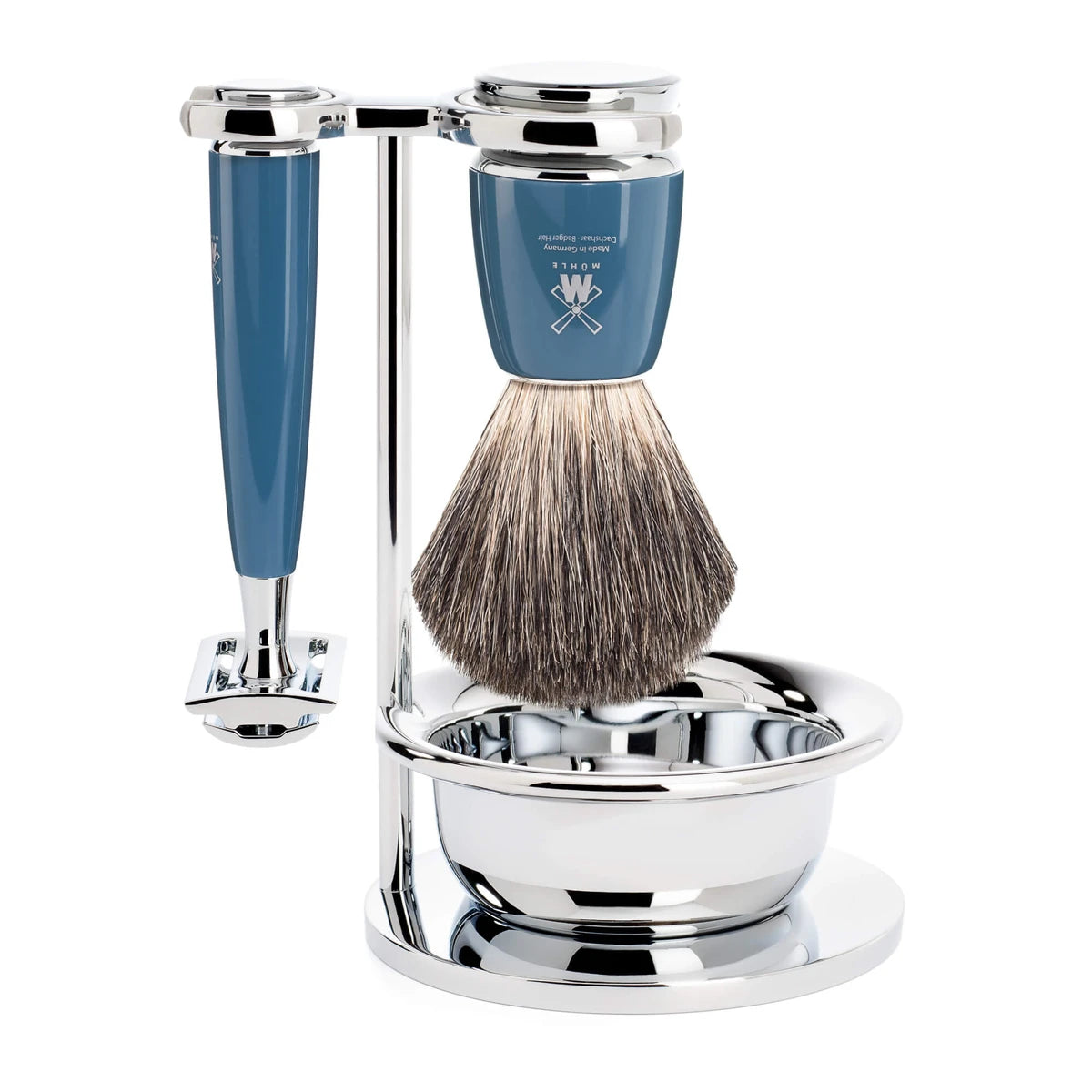Mühle Shaving Barbersæt Med De-skraber  Barberkost  Holder Og Skål  Rytmo  Petroleumsblå
