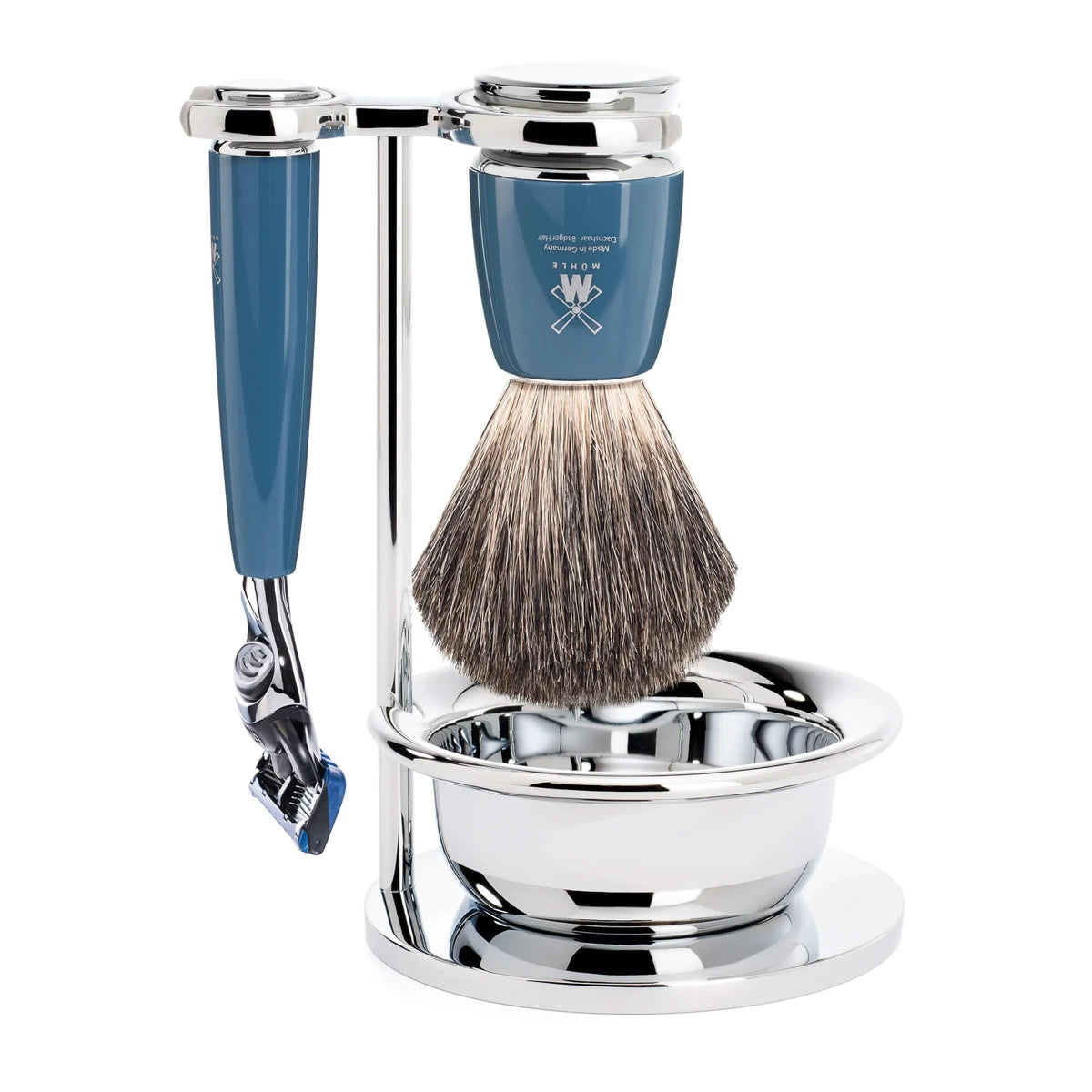 Mühle Shaving Barbersæt Med Fusion Skraber  Barberkost  Holder Og Skål  Rytmo  Petroleumsblå
