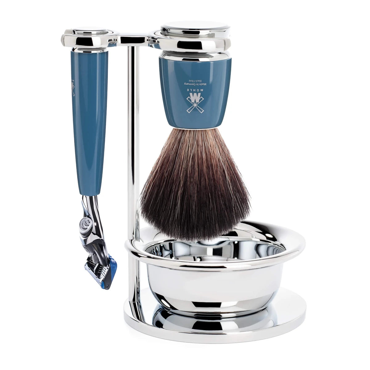 Mühle Shaving Barbersæt Med Fusion Skraber  Børste  Holder Og Skål  Rytmo  Petroleumsblå
