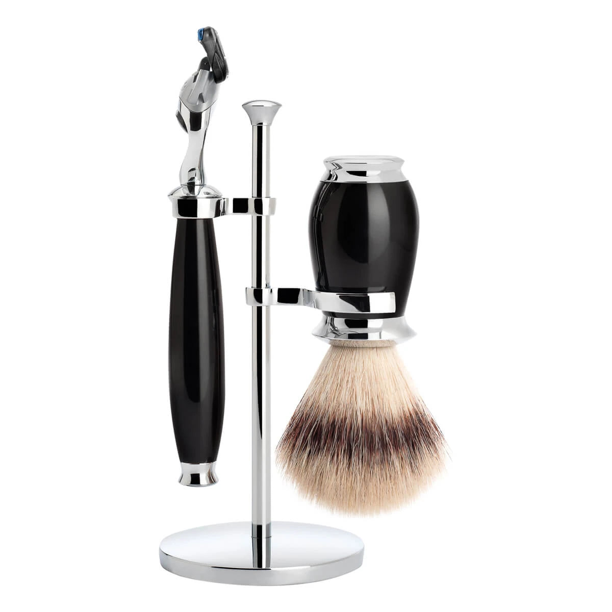 Mühle Shaving Barbersæt Med Fusion Skraber  Silvertip Fibreâ  Barberkost Og Holder  Purist  Sort Kunstharpiks